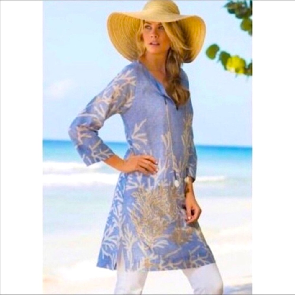 SOFT SURROUNDINGS SHELL SEEKER EMBROIDERED TUNIC COVERUP KNEE LENGTH DRESS SzM